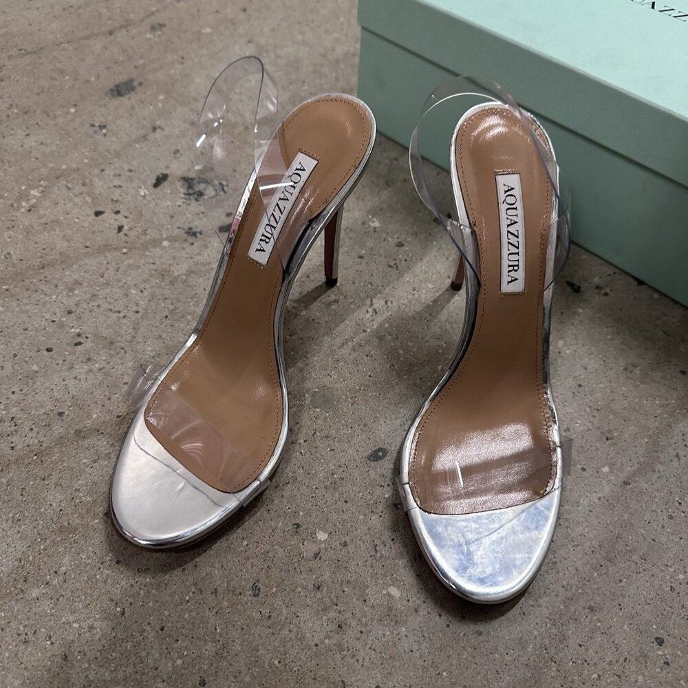 Aquazzura So Nude Plexi 105 Sandals Heels Silver - Picture 5 of 9